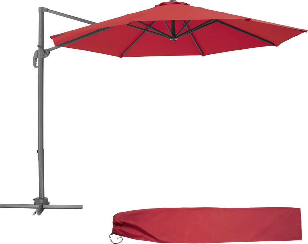 A red cantilever umbrella and its cover are shown against a white background.