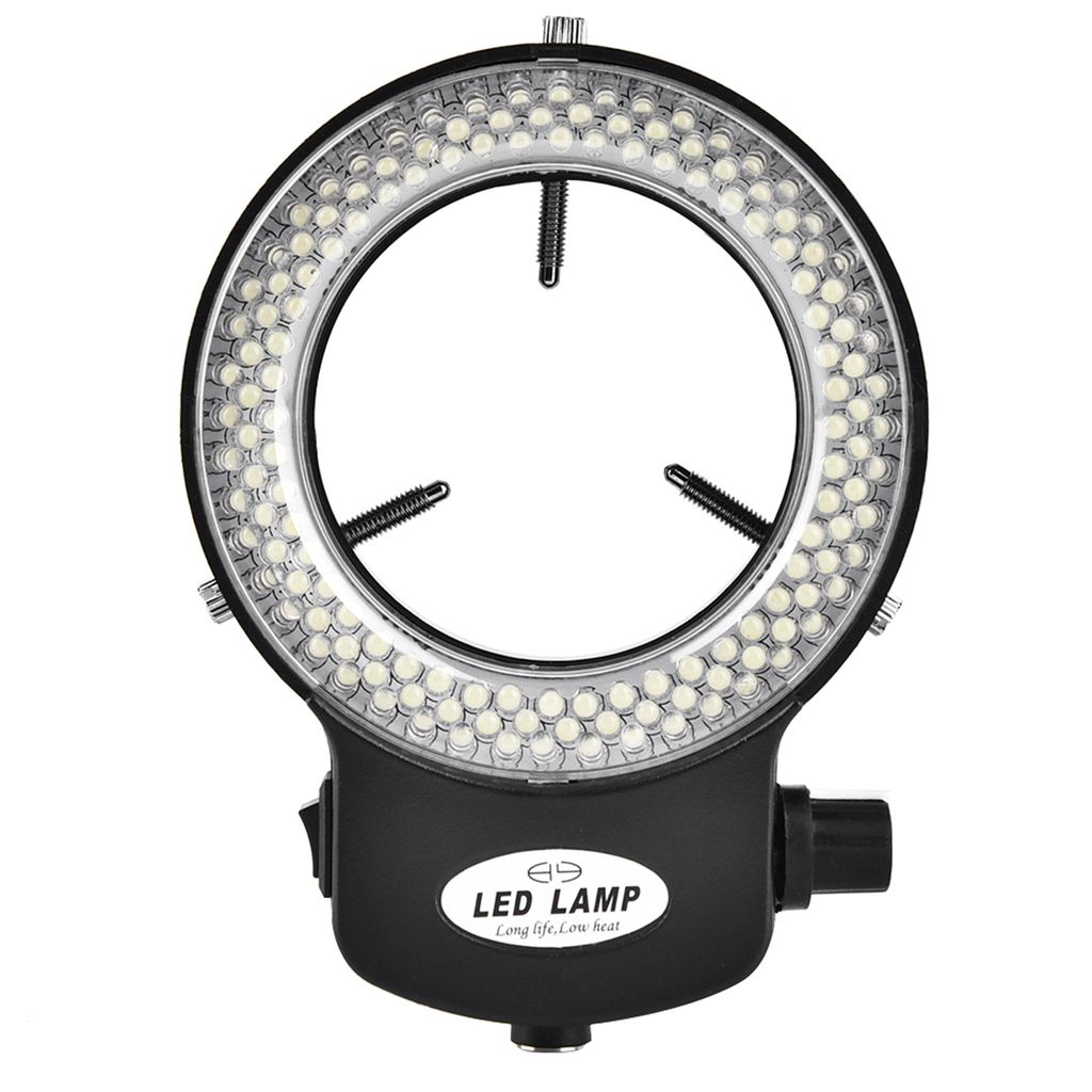 A black LED ring light with a white background.