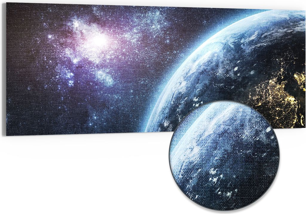 DEQORI Hybrid Leinwand Bild 150x60 cm 'Blick aus dem All' Wandbild Glas flach modern