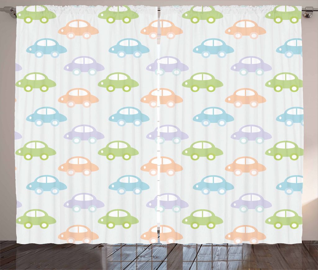 ABAKUHAUS Auto Rustikaler Vorhang, Pastell Cars Pattern, Wohnzimmer Universalband Gardinen mit Schlaufen und Haken, 280 x 245 cm, Mehrfarbig
