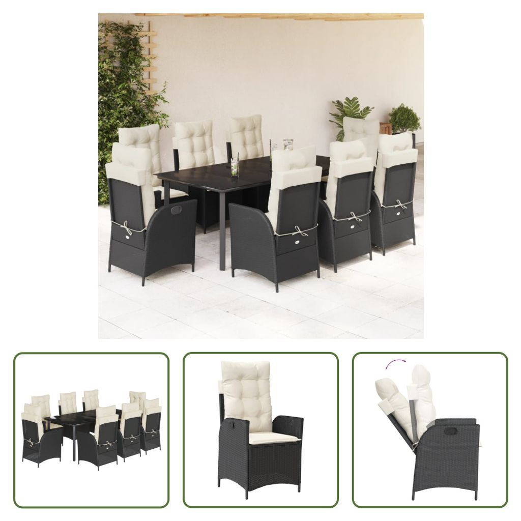 The Living Store 9-tlg. Garten-Essgruppe mit Kissen Schwarz Poly Rattan