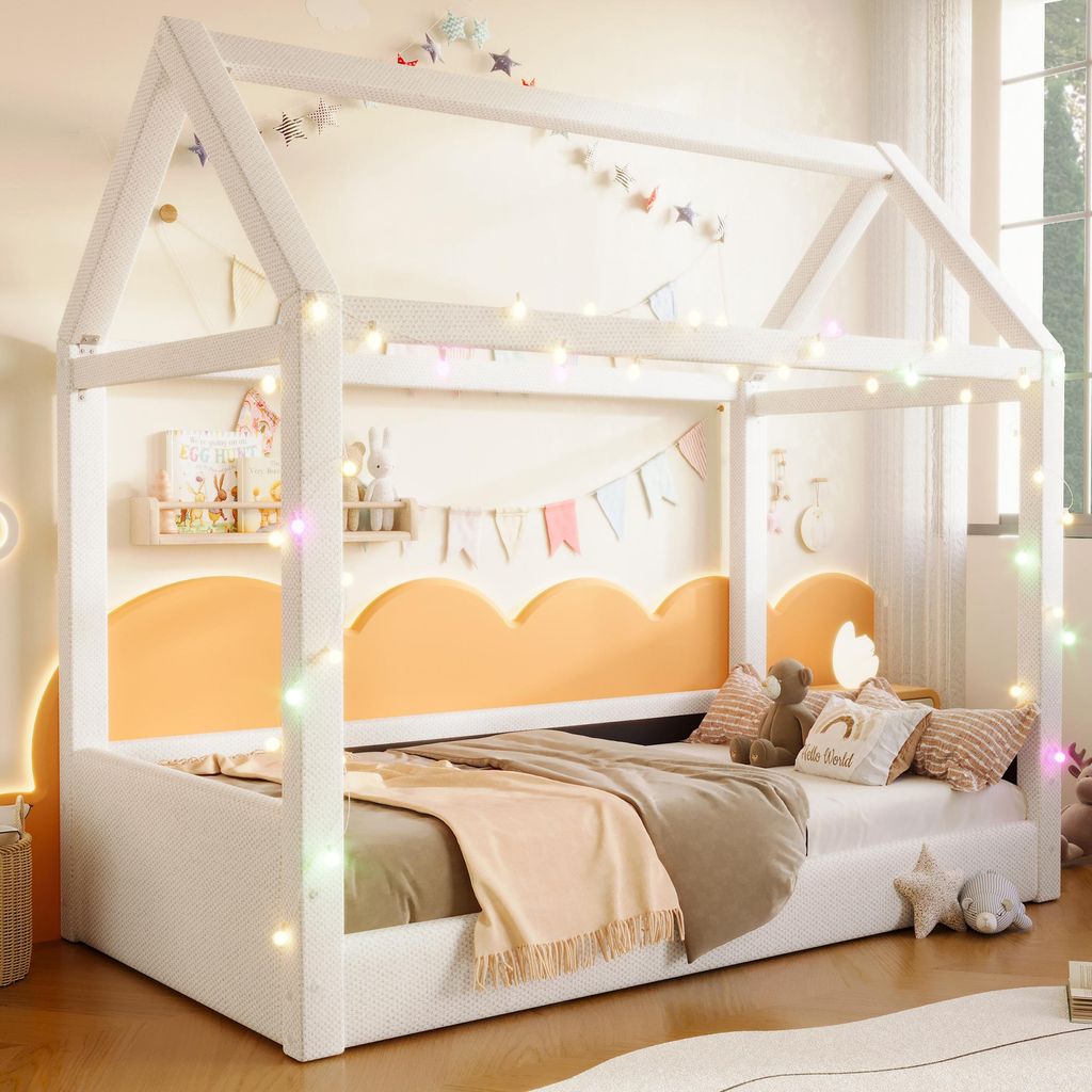 MODFU Kinderbett Tagesbett 90x200 Holzbett Daybett mit LED-Lichtleisten,Schlafsofa Bettgestell aus Massivholz,ohne Matratze,Beige