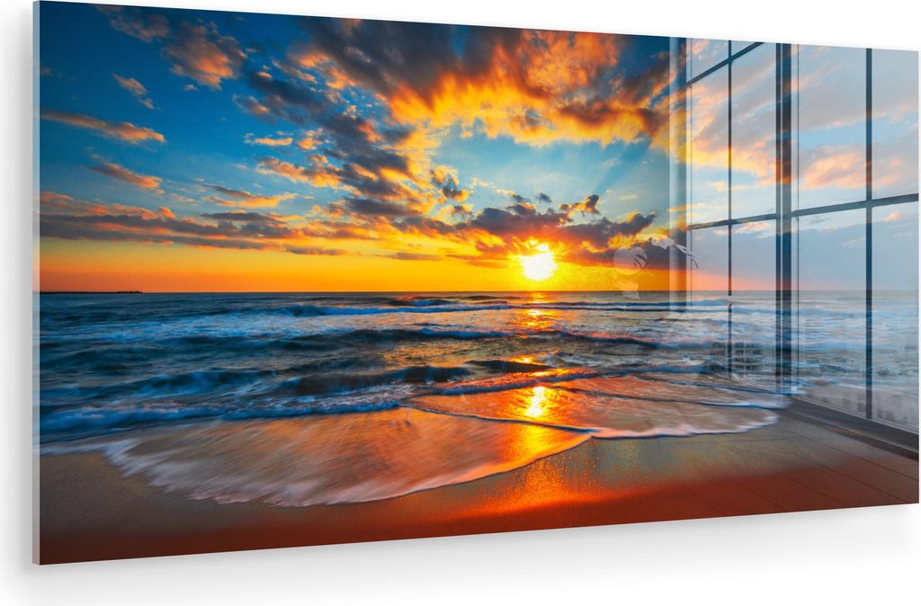 MuchoWow Glasbilder - Bilder auf Wandbild - Foto auf Glas Meer - Sonnenuntergang - Strand - Wolken - Orange 120x60 cm Wanddekoration aus Glas - Acr...