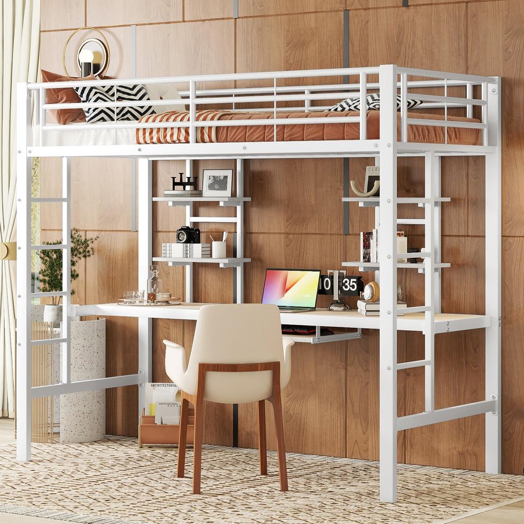 A white metal loft bed with an integrated desk and shelves, set against a wood-paneled wall.