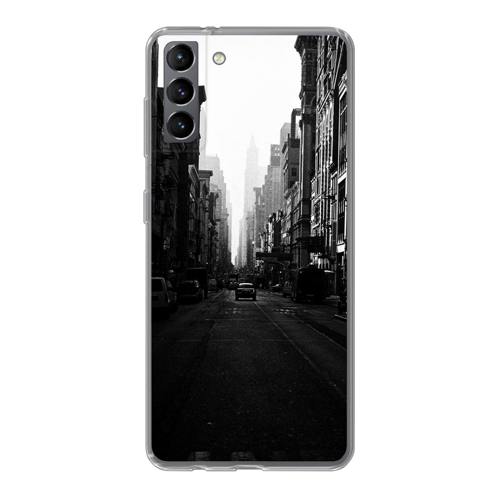 MuchoWow Handyhülle Schutzhülle Hülle für Samsung Galaxy S21 Plus Autofahrt durch eine ruhige Straße in New York in schwarz-weiß Silikon So...
