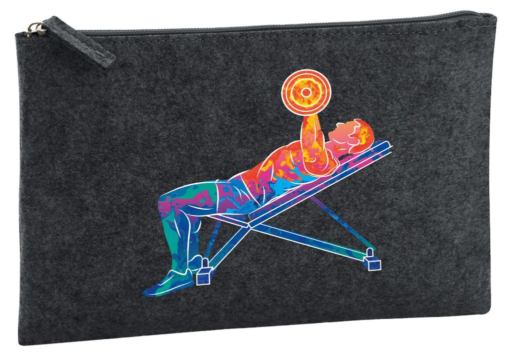 Huuraa Kulturbeutel Fitness Training Bench Press bunte Silhouette 1 Liter Charcoal Filz Kosmetiktasche Geschenkidee