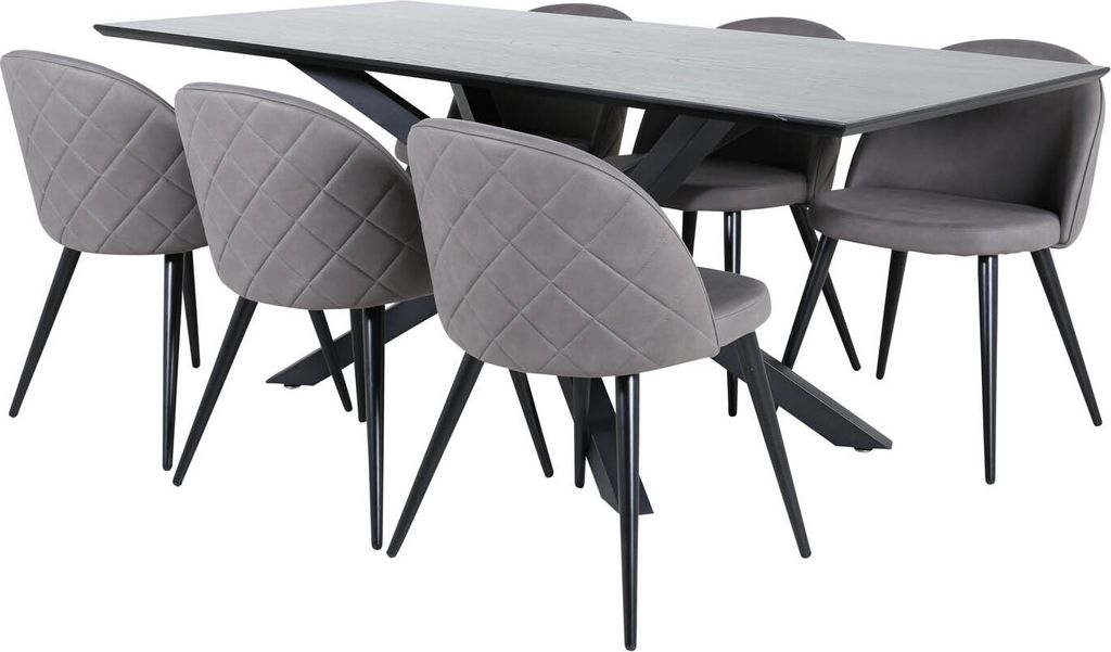 PiazzaBLBL Essgruppe Esstisch schwarz und 6 Velvet Stitches Esszimmerstühle grau.