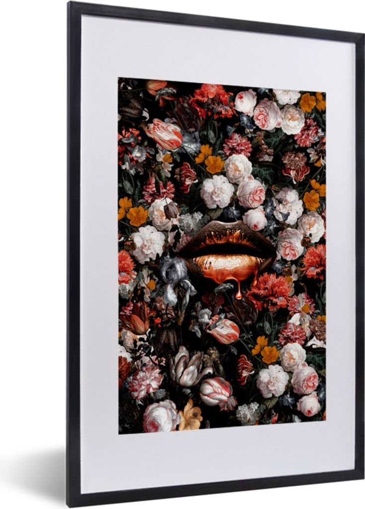 MuchoWow Gerahmtes Poster Lippen - Blumen - Farbe - Orange - Kunst - Abstrakt - Alte Meister 40x60 cm - Poster mit Schwarzem Bilderrahmen Wandpos...