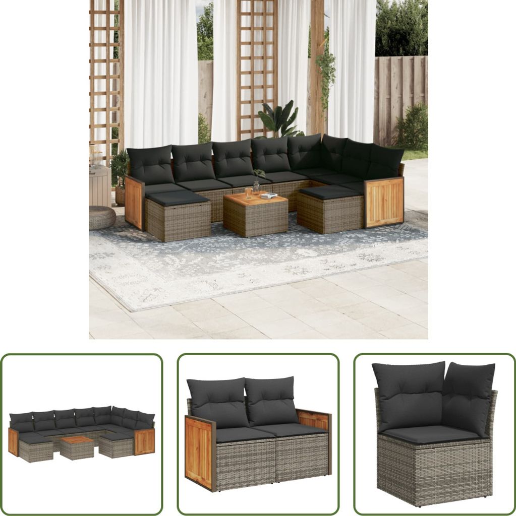 The Living Store 10-tlg. Garten-Sofagarnitur mit Kissen Grau Poly Rattan