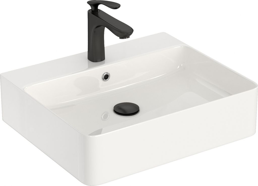 CASAMO Waschbecken Keramik Hängewaschbecken Waschtisch Gebogenes Design 50 x 42 cm Weiß Hochglanz