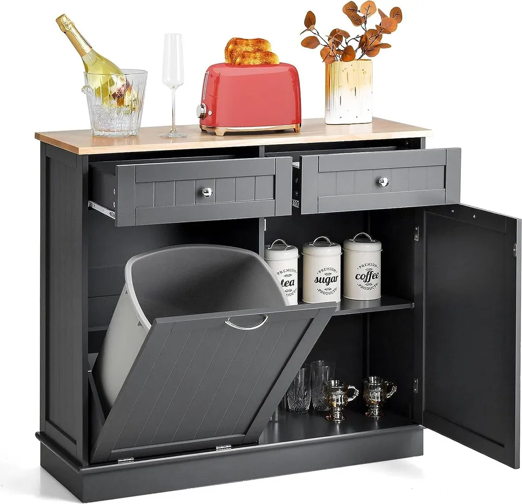 Meuble Poubelle Cuisine Basculant avec Plan de Travail et Rangement Gris