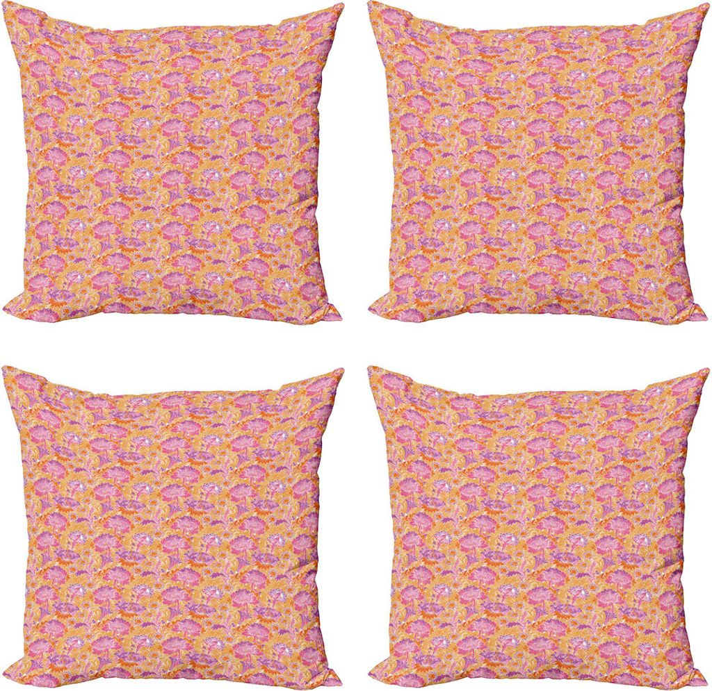 ABAKUHAUS asiatisch Kissenbezug Set (4 Stück), Fantasie Oriental Blumen, Moderner Doppelseitiger Digitaldruck, 60 cm x 60 cm, Rosa, Lila und orange