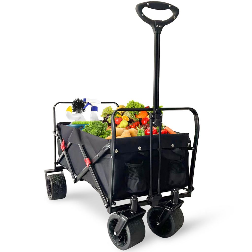 IvoQ Premium Bollerwagen Faltbar - Extra Robust & Hohe Qualität - 120KG Tragkraft - Breite Räder - Schwarz