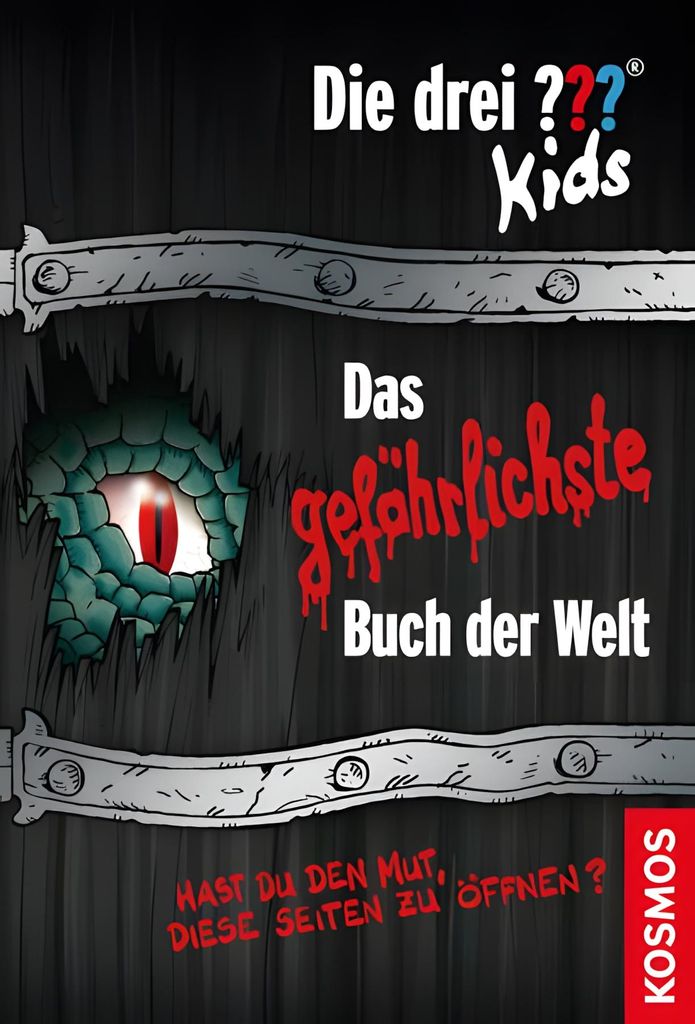A book cover with a dragon's eye peeking through a torn opening in a wooden door.