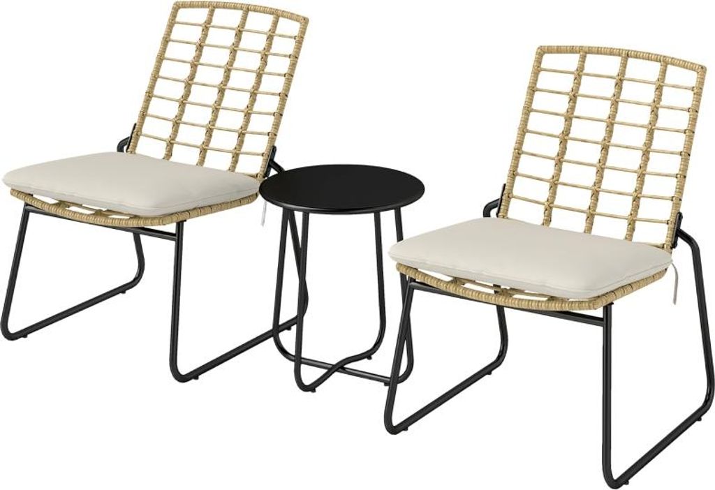 Rattan Gartenmöbel Set, Balkonmöbel Set für 2 Personen 3-teilig Outdoor Sitzgruppe mit 2 stapelbar Stühle, Tisch Kissen wetterfest Garten Lounge