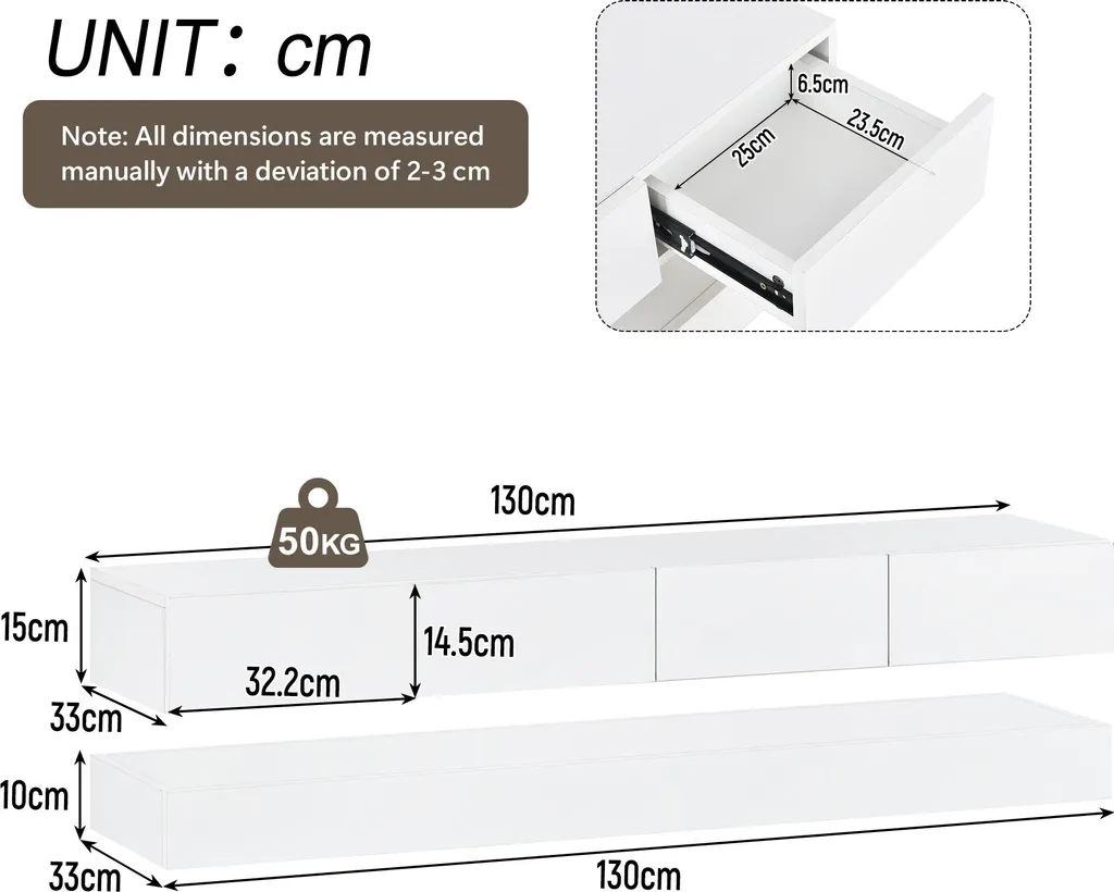 Support TV suspendu blanc avec éclairage LED et 4 grands tiroirs - 4