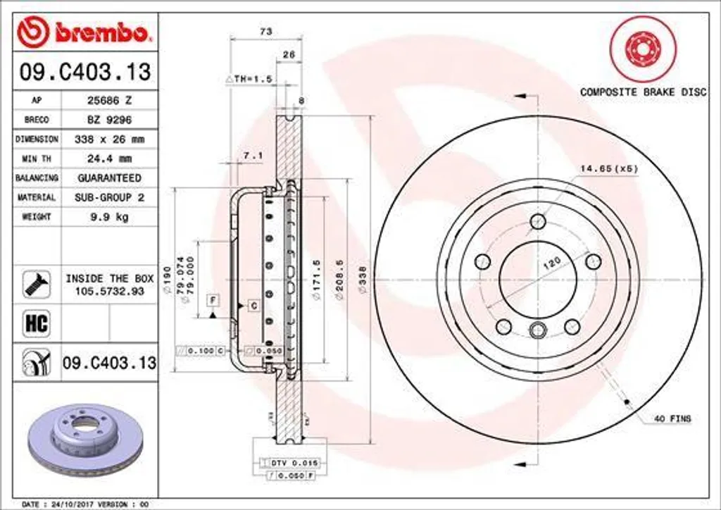Disque de frein haute teneur en carbone Brembo 09.C403.13 - OE 34116778647