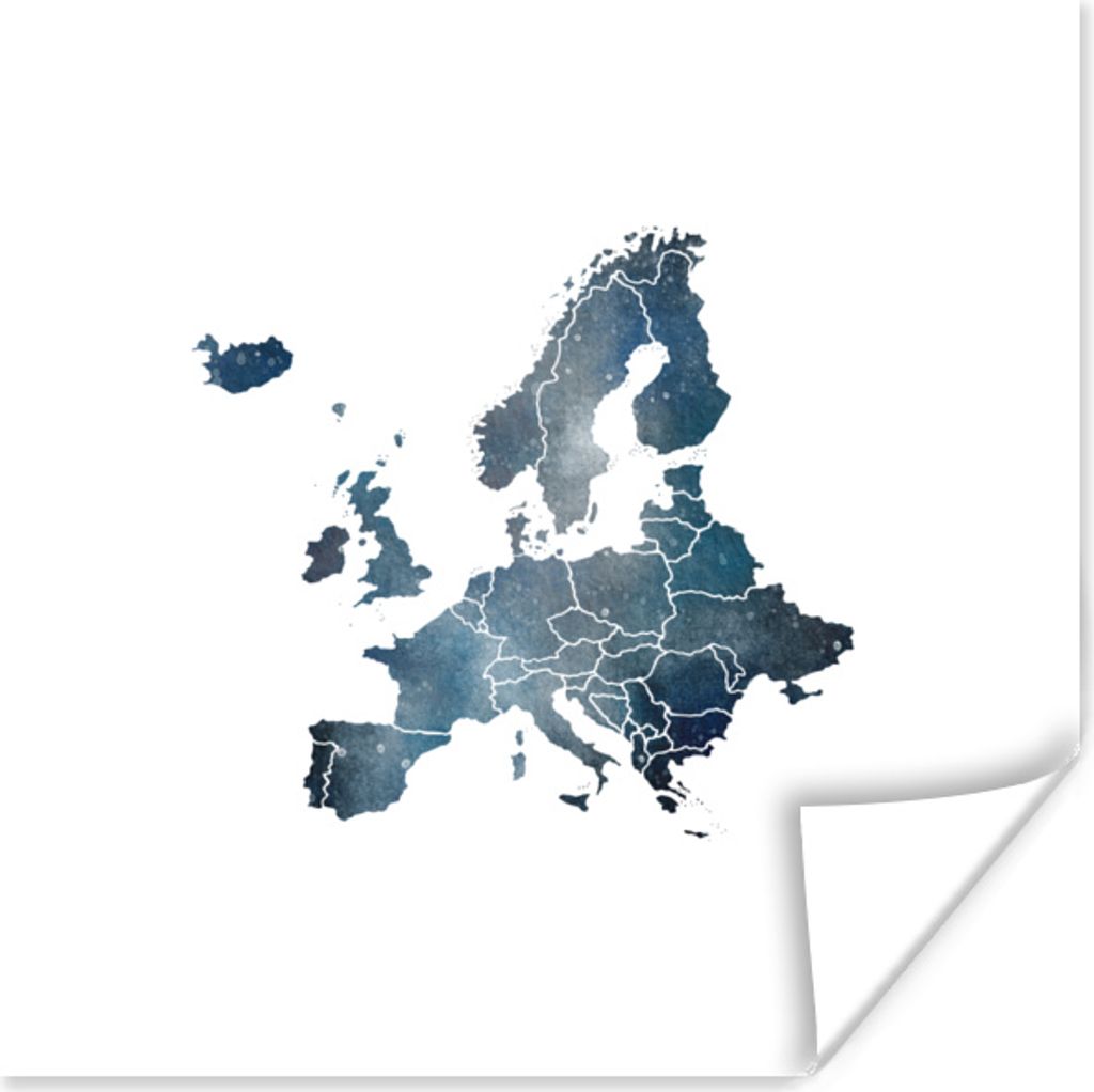 MuchoWow Poster Europa-Karte - Wasserfarben - Weiß - Ränder 75x75 cm - Wand Dekoration