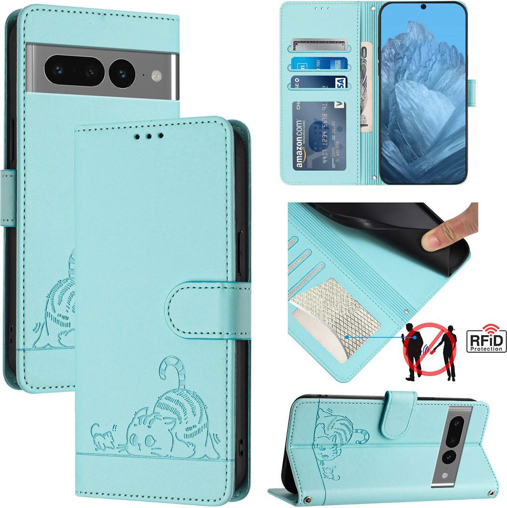 Leder Hülle für Google Pixel 7 Pro Süße Katze Flip Case Brieftasche Schutzhülle mit Standfunktion hellgrün