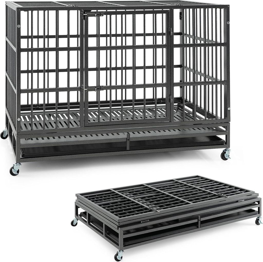 GOPLUS Hundekäfig klappbar, Hundebox aus Metall mit feststellbaren Rädern, Transportkäfig120 x 76 x 90 cm, Schwarz