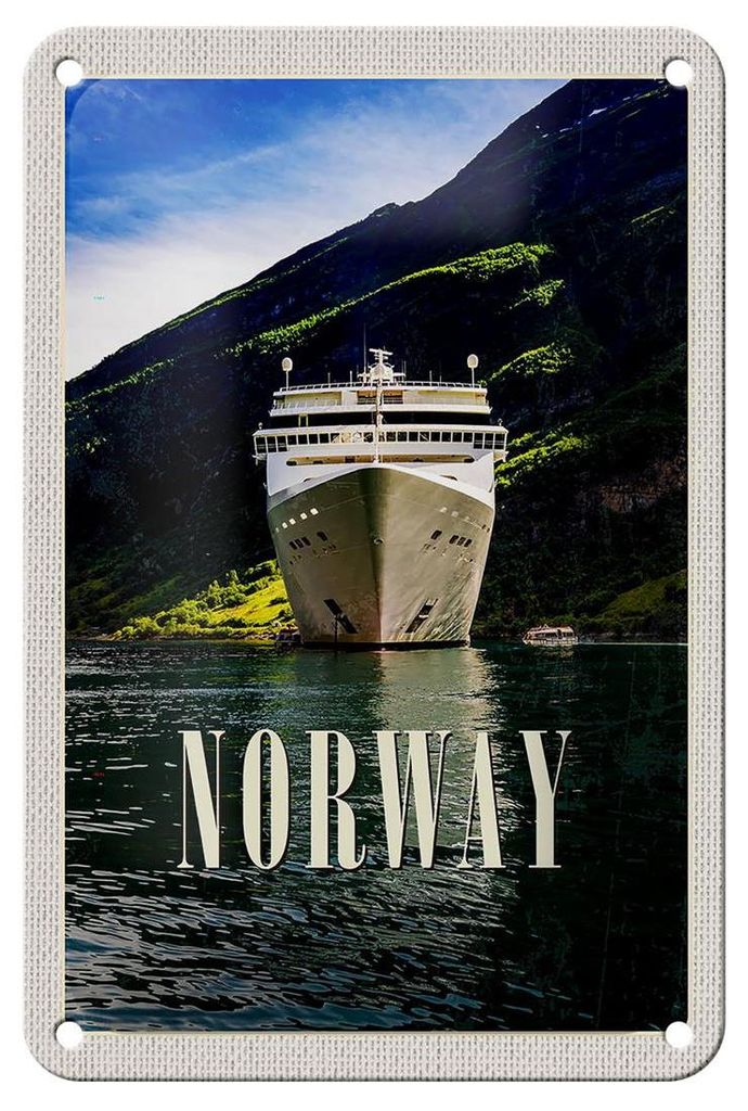 Blechschild Reise 12x18cm Norwegen Yacht Gebirge Meer Natur Schild