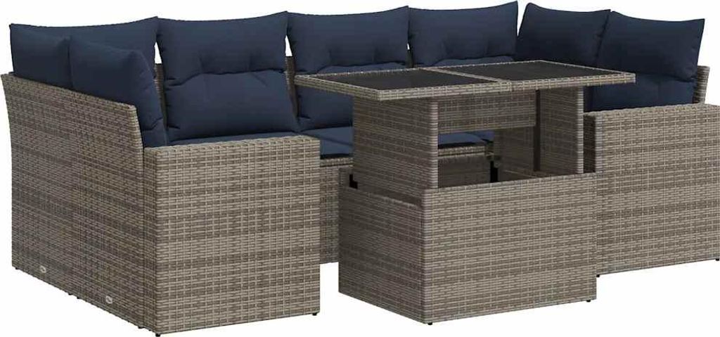 vidaXL 7-tlg. Garten-Sofagarnitur mit Kissen Grau Poly Rattan Akazie