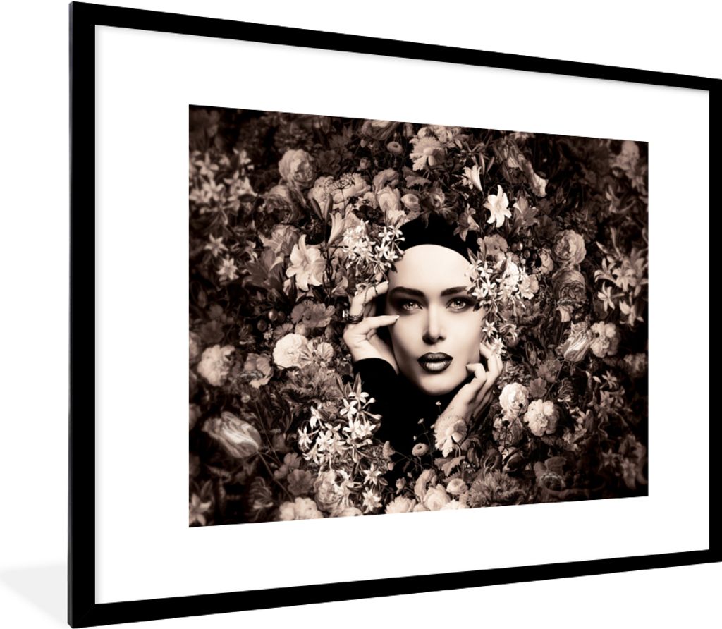 MuchoWow Gerahmtes Poster Frau - Blumen - Botanisch - Natur 80x60 cm - Poster mit Schwarzem Bilderrahmen Wandposter Rahmen Foto Bilder - Schlafzi...