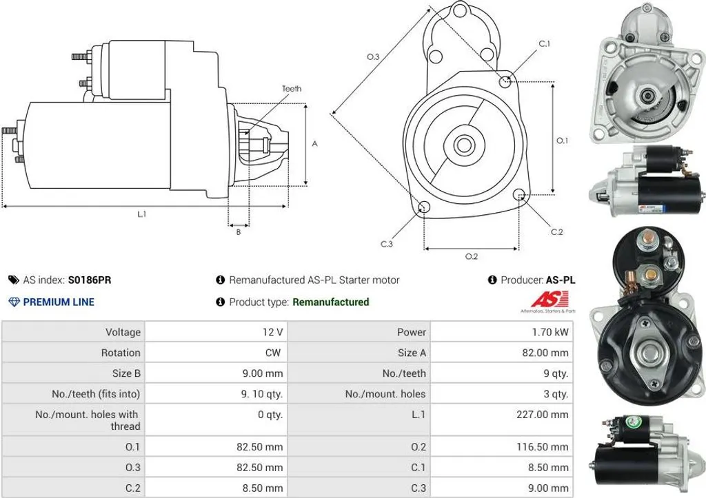 Démarreur de Voiture Reconditionné AS-PL S0186PR Pièce Auto Échange