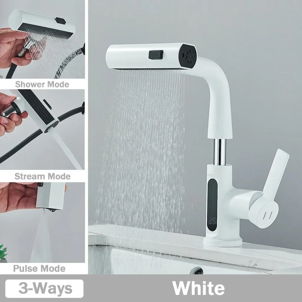 Mitigeur de lavabo blanc avec bec extractible et affichage de température