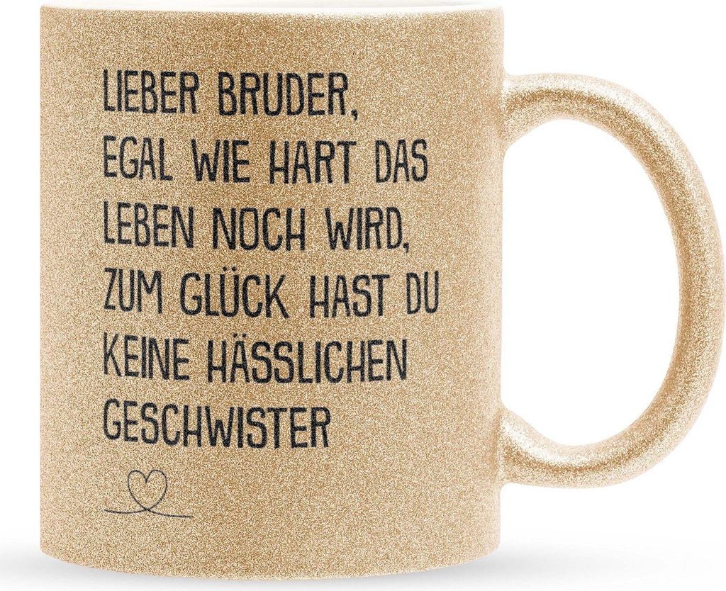 22Feels Glitzertasse Gold Bruder Geschenk Geburtstag Weihnachten Geschwister Jungs Männer Haferl Teenager Bruderherz Geschenkidee Bürotasse