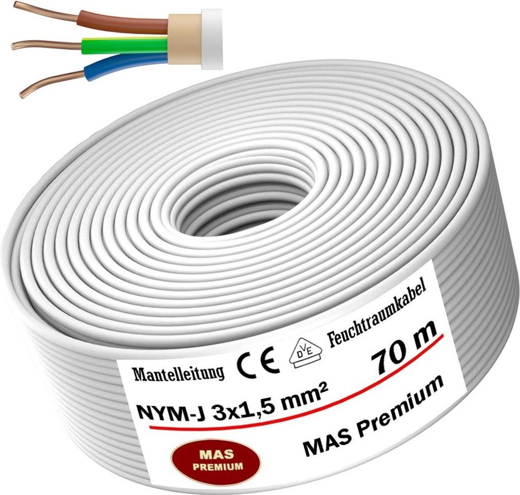 Feuchtraumkabel Stromkabel Mantelleitung 70m NYM-J 3x1,5 mm² Elektrokabel