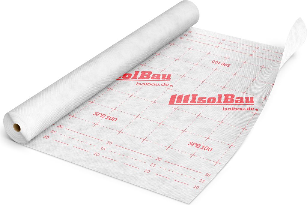 A roll of white underlayment material with red markings and text, partially unrolled on a white surface.