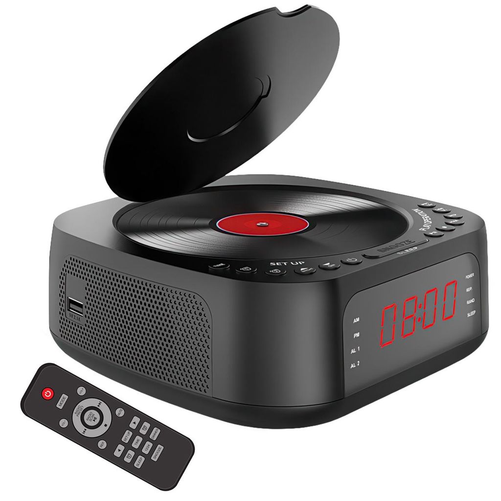CD-Player Wecker mit USB & Bluetooth – Unterstützt CD/USB/FM/BT, Dual-Wecker und dimmbares LED-Display für sanftes Aufwachen