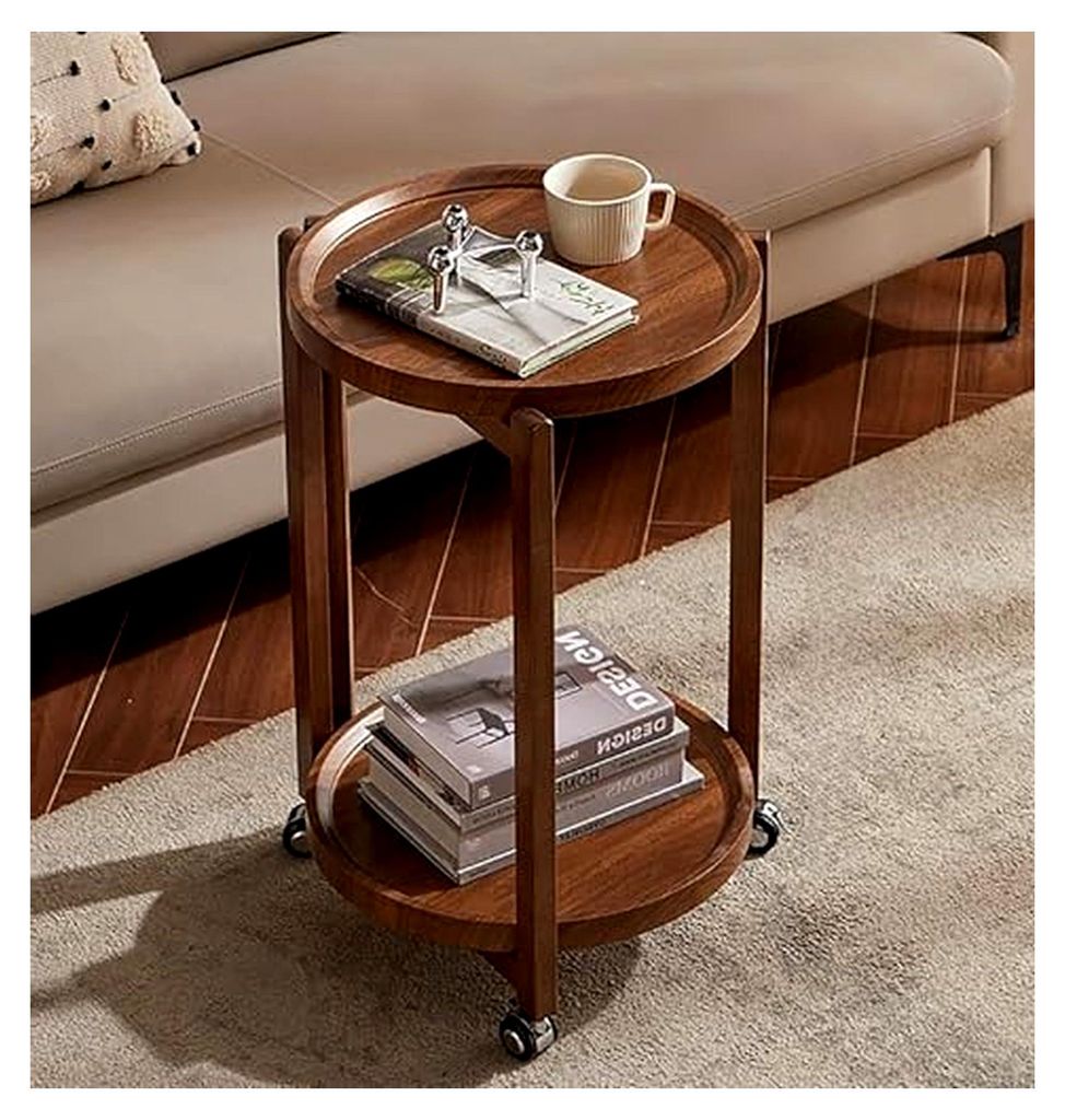 Runder Beistelltisch aus Holz mit Rollen, 2-stöckig, kleiner Nachttisch, rustikaler Vintage-Couchtisch für Wohnzimmer und Schlafzimmer