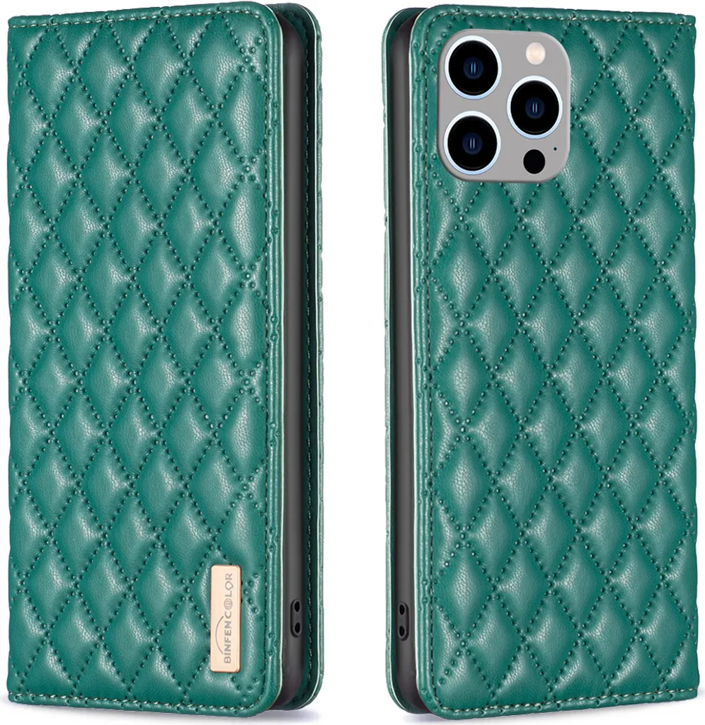 Custodia in Pelle iPhone 15 Pro Max Verde: Flip Case Artigianale con Stand