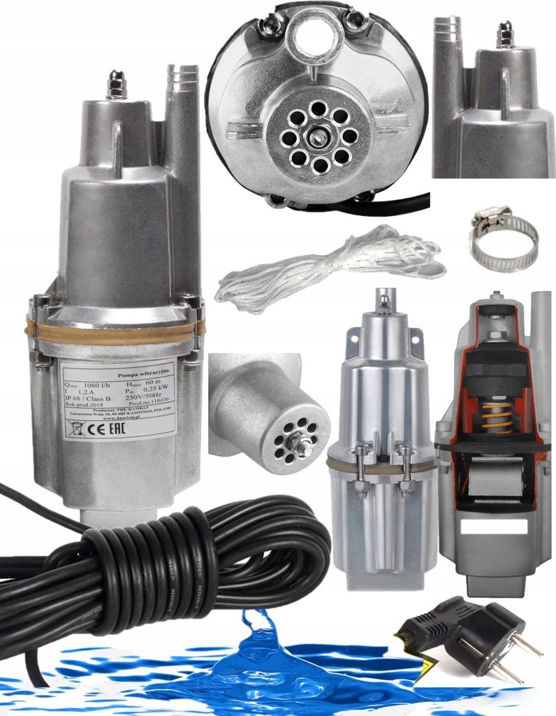 A collage of images showing a submersible pump and its components, along with accessories like a rope and power cord.