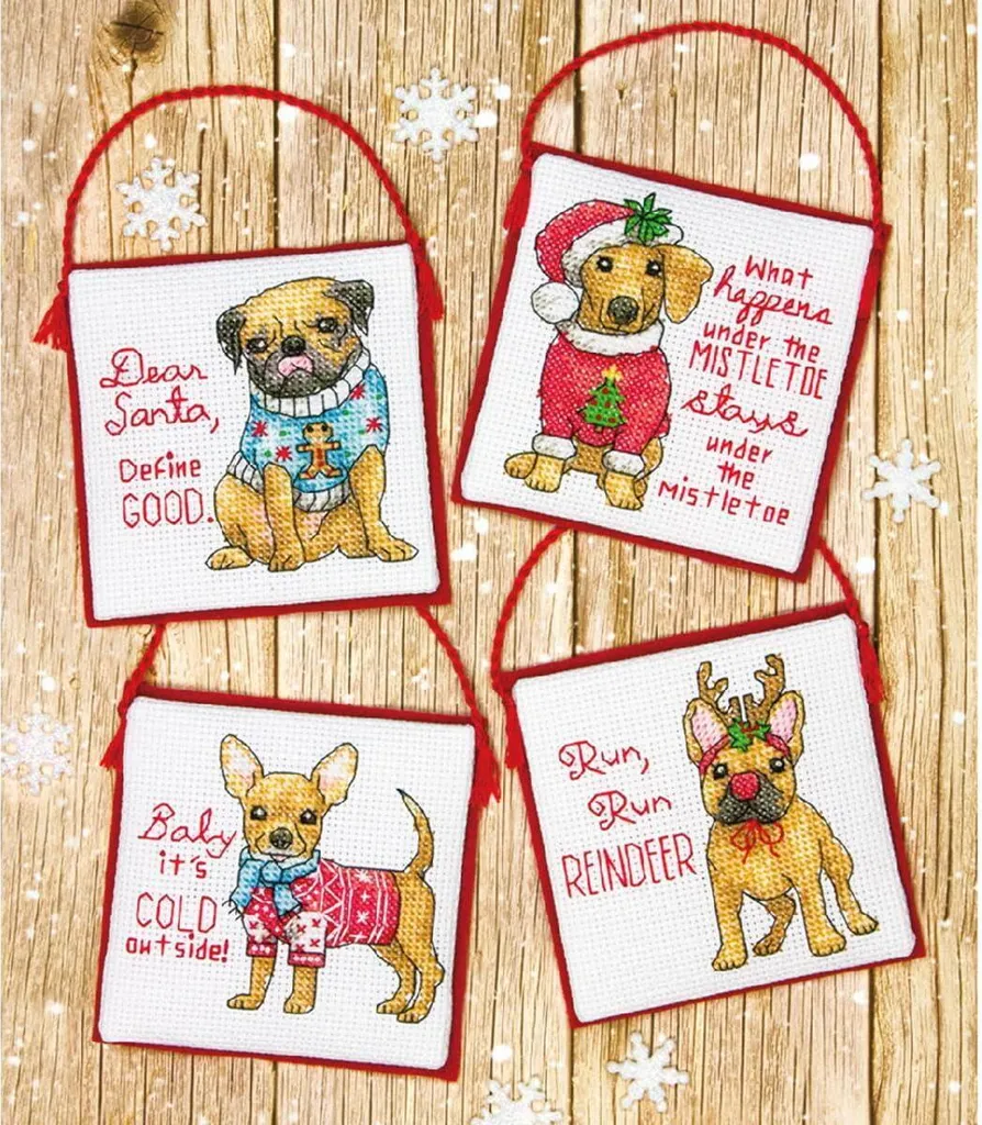 Créez vos Suspensions de Noël Brodées Chiots Kit Point de Croix 4pcs