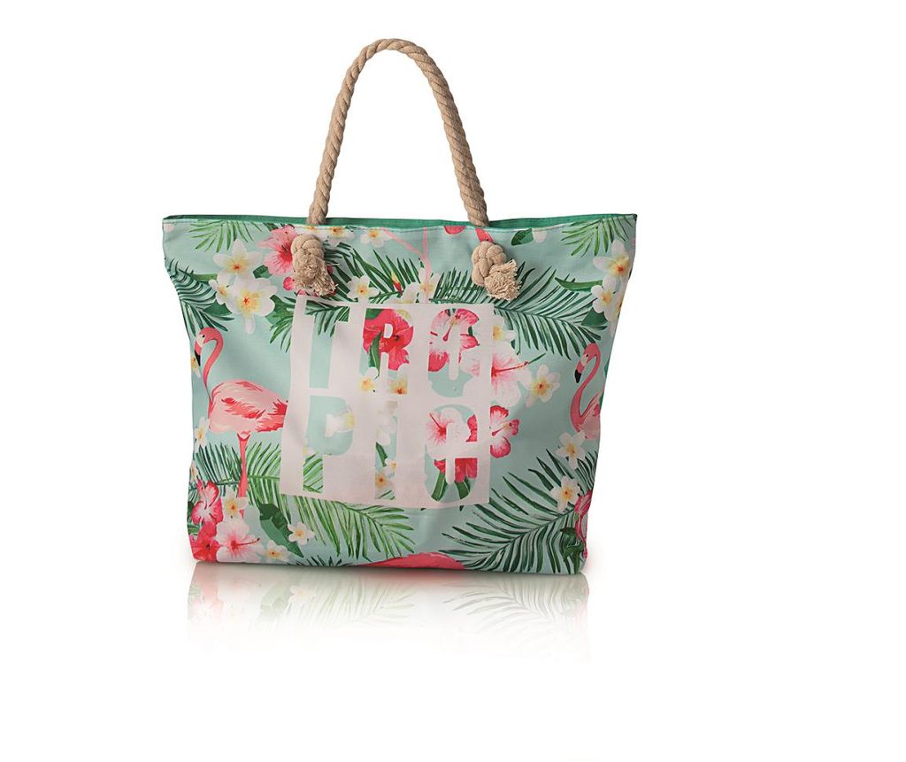 Shopper Handtasche Damentasche Strandtasche 2 in 1 Kosmetiktasche Flamingo weiß