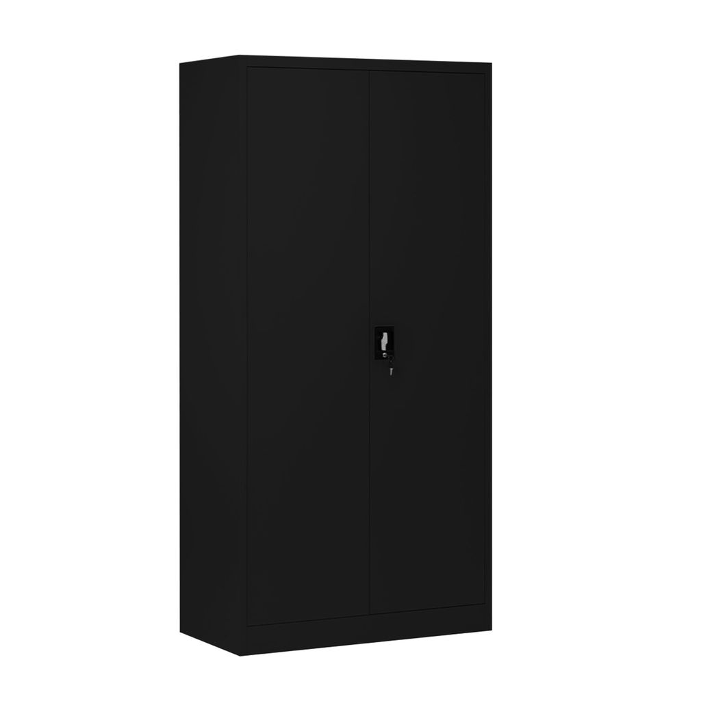 A black metal cabinet with two doors and a lock on the right door, set against a white background.