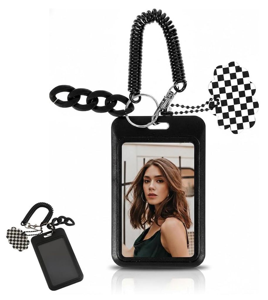 K-Pop-Fotokartenhalter mit Schlüsselring, transparenter Kartenhalter für Fotokarten und Ausweise, Schutzhülle mit Anhängern, schwarz