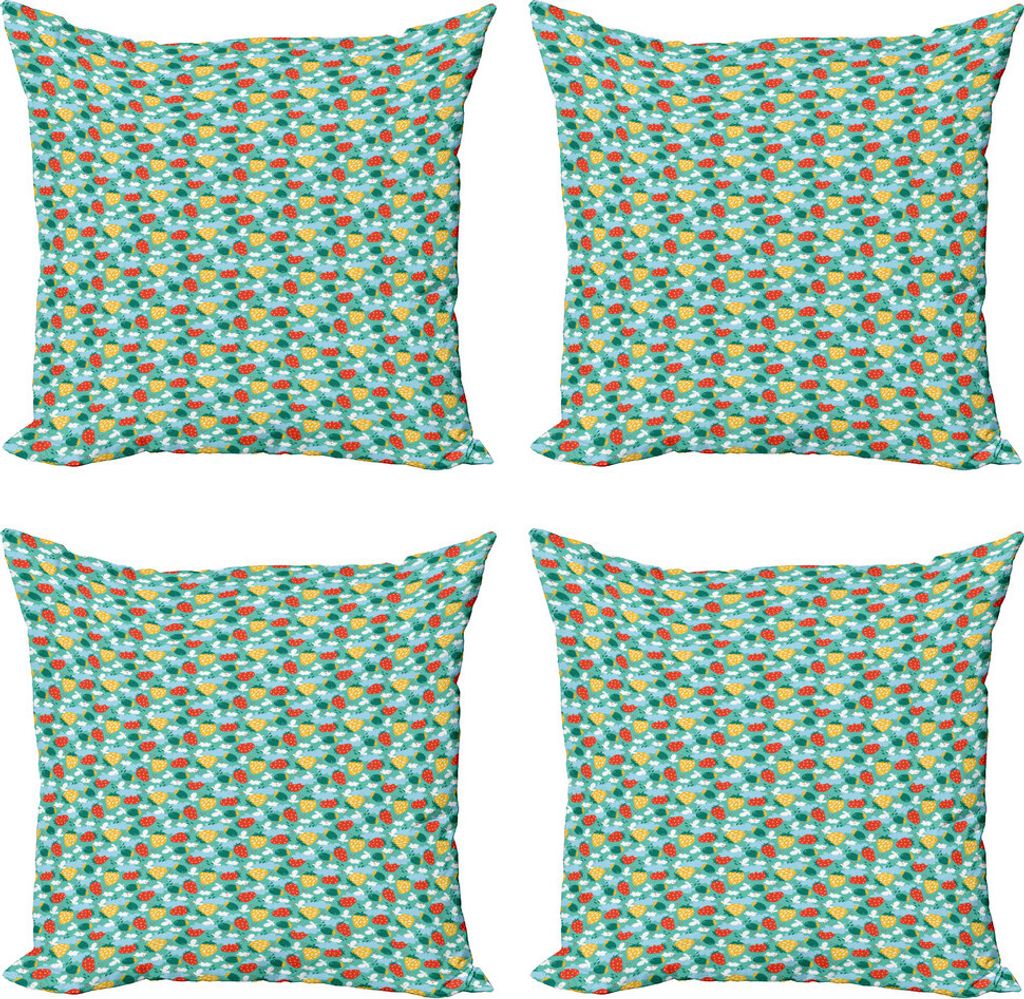 ABAKUHAUS Erdbeere Kissenbezug Set (4 Stück), Doodle Frucht-Muster, Moderner Doppelseitiger Digitaldruck, 40 cm x 40 cm, Mehrfarbig
