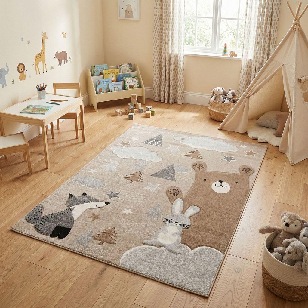 Kinder Teppich Maui Kids Fuchs und Bär Grau Beige, Produktbild 