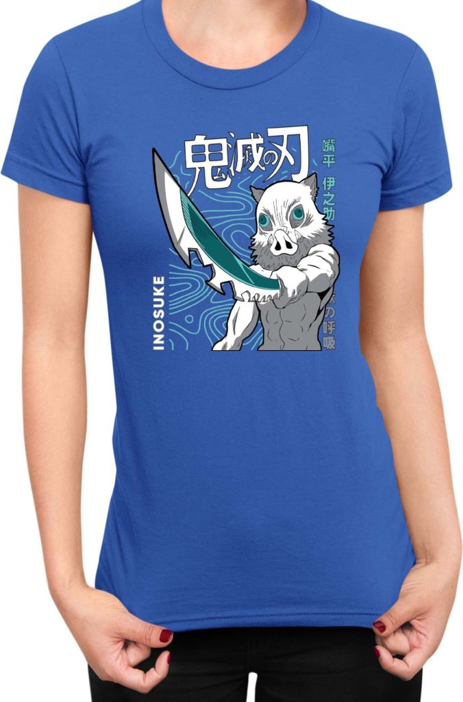 Damen T-Shirt Demon Anime Slayer Kimetsu No Yaiba Inosuke Hashibara 004, Lady XS / Blau