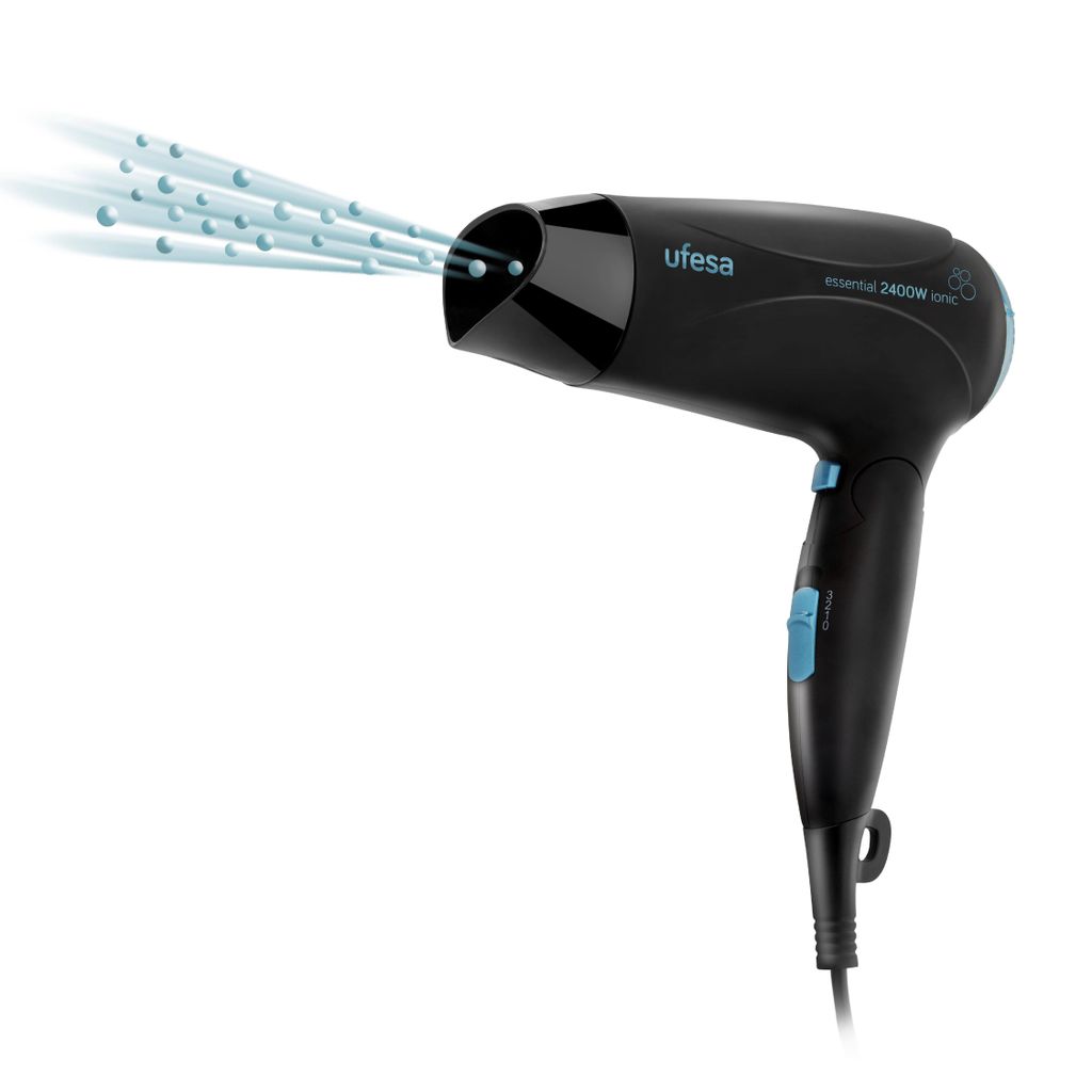 A black hairdryer with blue accents is shown on a white background, emitting a spray of water droplets.
