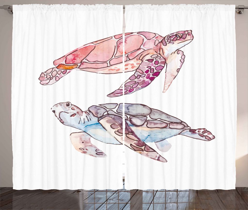 ABAKUHAUS Schildkröte Rustikaler Gardine, Aquarell Soft-Kunstwerk, Schlafzimmer Kräuselband Vorhang mit Schlaufen und Haken, 280 x 245 cm, Rosa F...