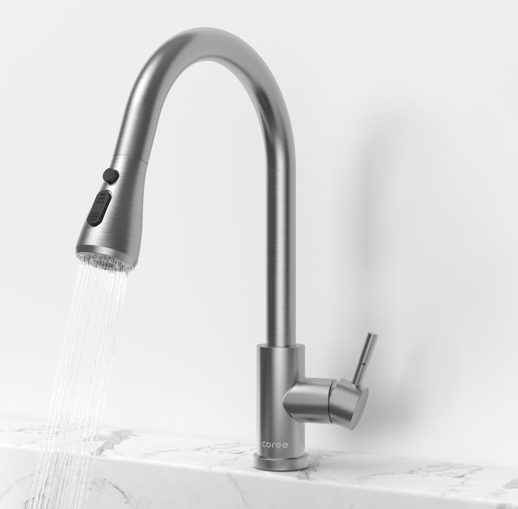 A stainless steel kitchen faucet with a pull-out spout is shown in operation, with water flowing from the spout.