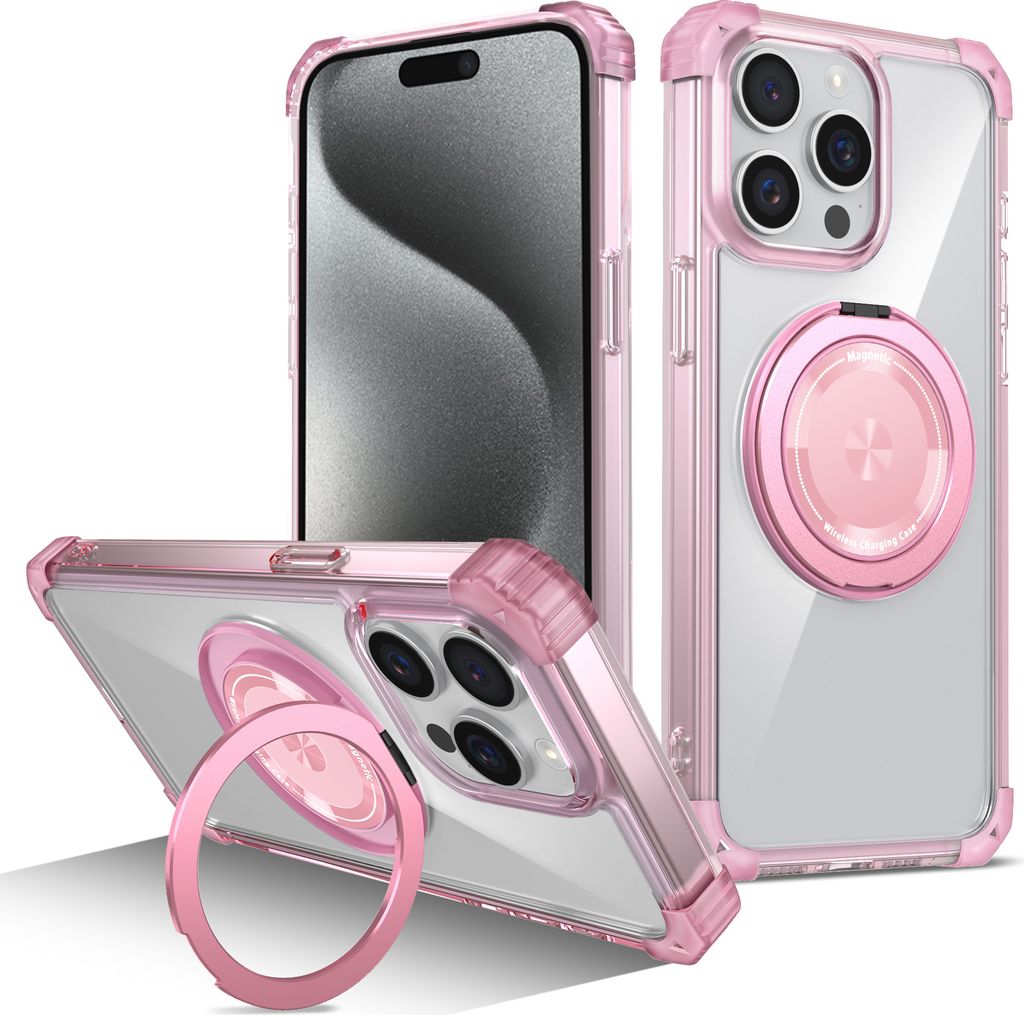 Handyhülle für iPhone 13 Pro Max Magnetisches Ringhalter Ständer Kompatibel mit Magsafe Militärschutz Transparente Hülle Pink