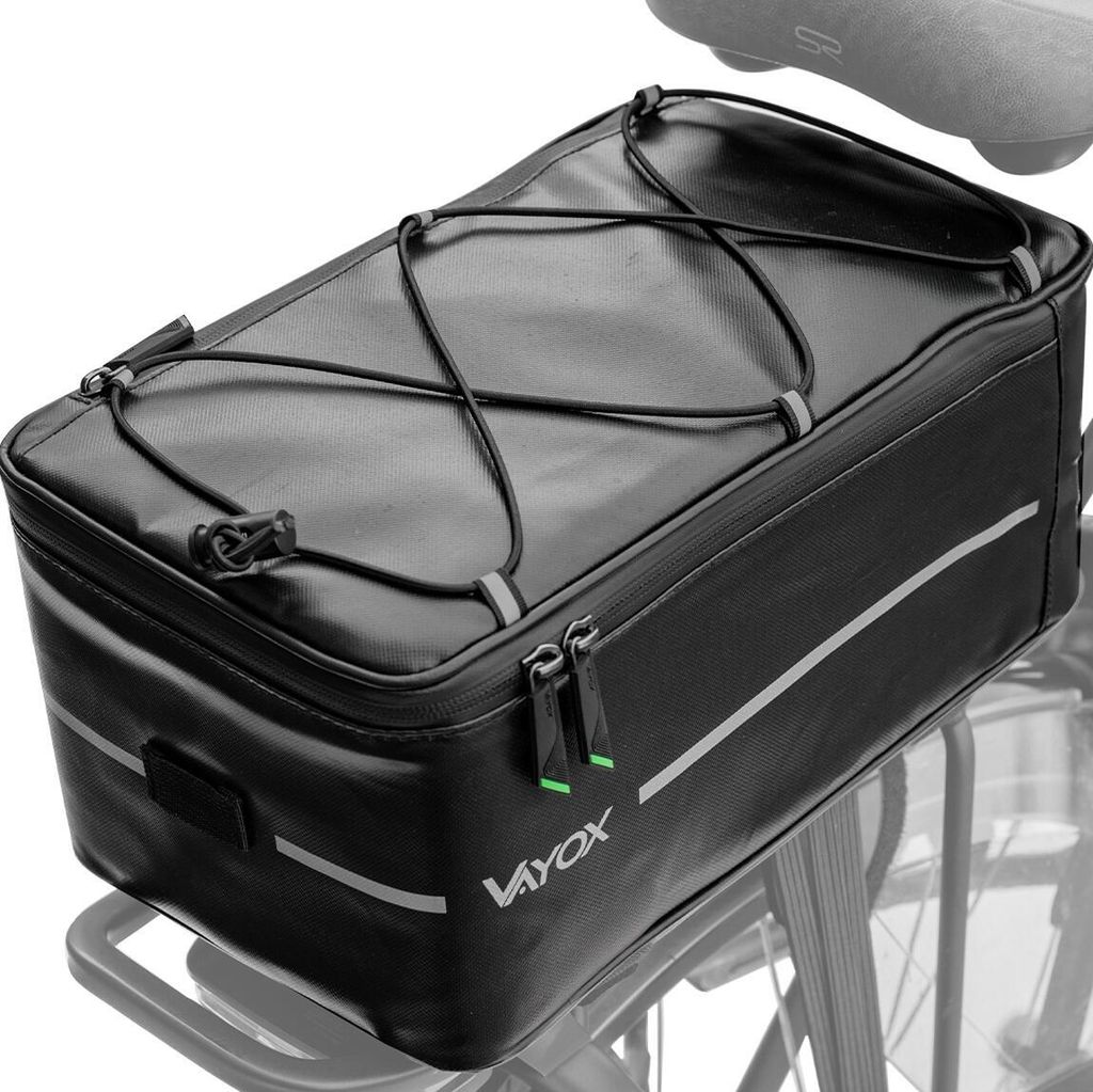A black bicycle bag is shown on a bicycle rack.