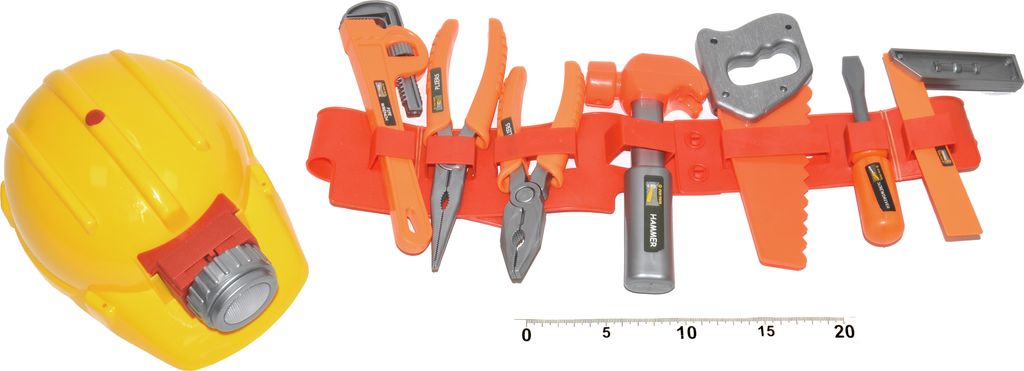 A yellow hard hat and an orange tool belt with various toy tools.
