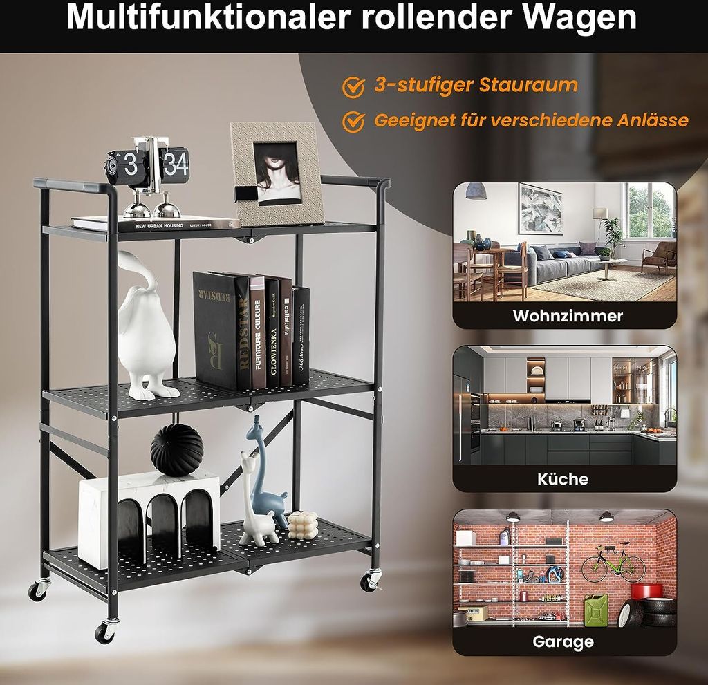 Servierwagen Mit Rollen Klappbar – 3 Ebenen, Schwarz, Vielseitig Einsetzbar In Küche, Bad & Büro, Zusammenklappbar &